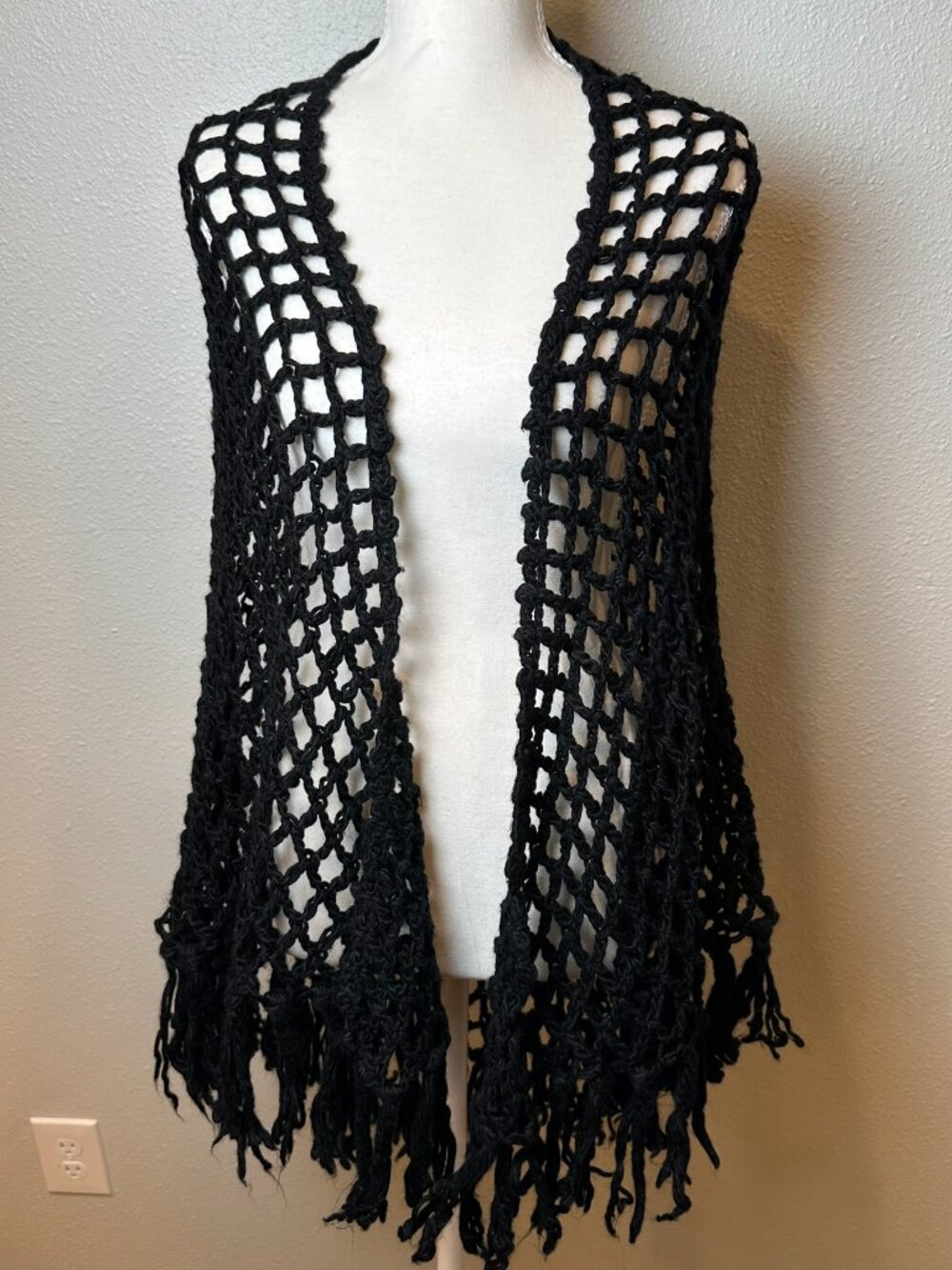 Black Crochet Fringe Shawl Wrap Open Knit Mesh Boho Festival Shrug Witchy Goth